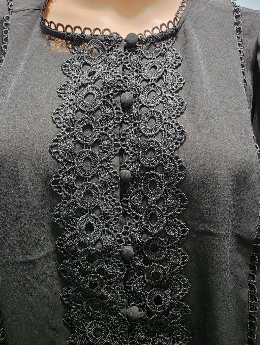Torrid Georgette Lace Trim Button Up Victorian Long Sleeve Black Blouse Sz 1X - Picture 5 of 9